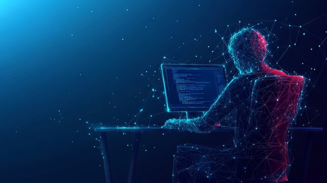 Computer technology low poly wireframe banner vector template. Software development, freelance poster polygonal design with text space. A person working with desktop PC 3d mesh art with connected dots