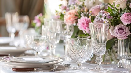 Fototapeta premium 1. Beautiful flowers elegantly decorated on a table set for an event party or wedding reception, featuring luxurious tableware, crystal glasses, and fine china, the sophisticated arrangement exuding