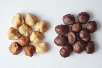Obraz premium Overhead photo of roasted chestnuts peeled and unpeeled on white background