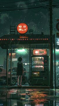 A young girl stands by an anime gas station illuminated by neon lights, waiting under the rain at night