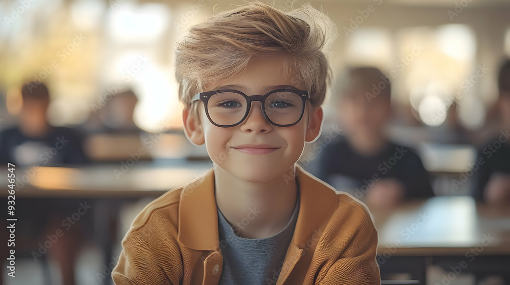 Wall mural A smiling boy in glasses sitting in a classroom.