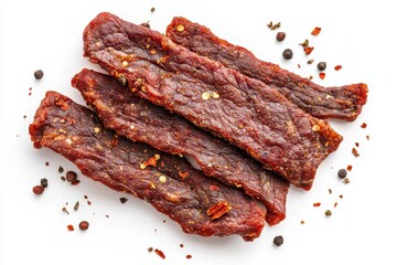 Seasoned jerky on a plain surface