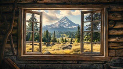 A wooden cabin window with a view of a mountain peak and a forest in the distance.