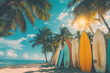 Several surfboards near palm trees on sunny beach with clear sky
