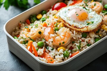 Shrimp fried rice with veggies and egg in a lunch box