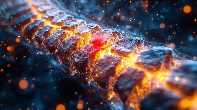 A digital illustration of a spine with a red spot indicating a disc pressing against the nerves, causing pain.