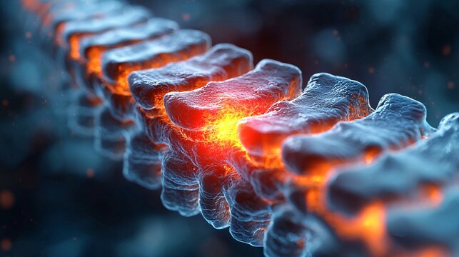 A digital illustration of a spine with a red spot indicating a disc pressing against the nerves, causing pain.