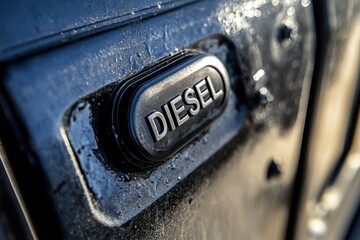 Silver aluminum fuel cap with DIESEL inscription on black plastic cap closing truck tank global fuel price increase