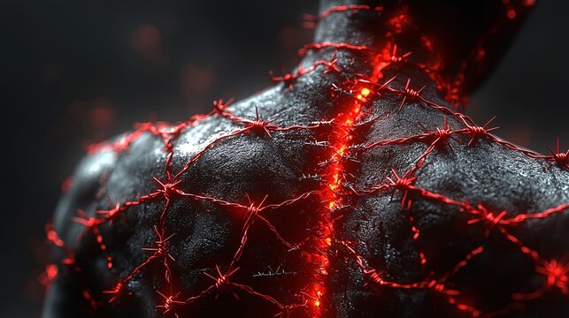 A stylized image of a person s lower back with red barbed wire wrapped around it, symbolizing sharp, restrictive pain.