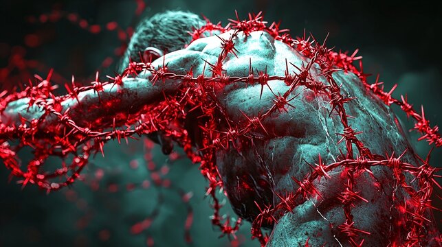 A stylized image of a person s lower back with red barbed wire wrapped around it, symbolizing sharp, restrictive pain.