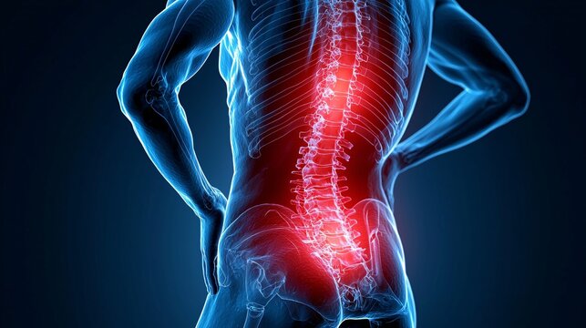 A person shown with a red area in the lower back, representing radiating pain and discomfort from poor posture.