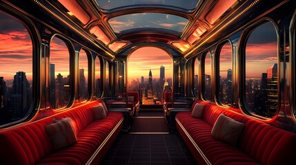 Obraz premium A luxurious train car with red velvet seats and large windows overlooking a city skyline at sunset.