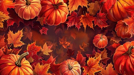 Fototapeta premium An autumnal still life with pumpkins and fall leaves. The image is full of warm, rich colors and evokes a sense of cozy autumn.