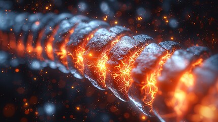 A cross-section of the spine showing a bulging disc pressing against nerves, with the affected area glowing in red.