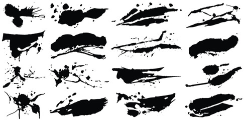 Vector collection of artistic grungy black paint hand made creative brush stroke set isolated on white background.