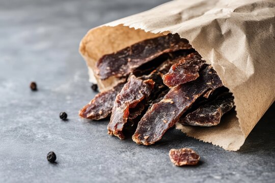 South African dried biltong and dry wors in brown paper bag on grey surface