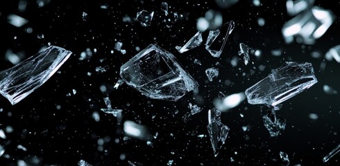 Shards of broken glass flying in the air against a black background,
