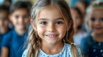 A smiling girl in a group of children, showcasing joy and friendship.