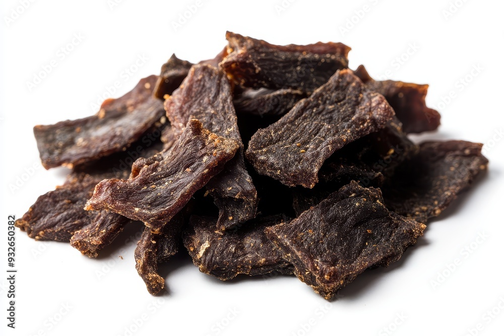 Sticker spiced jerky heap on white backdrop