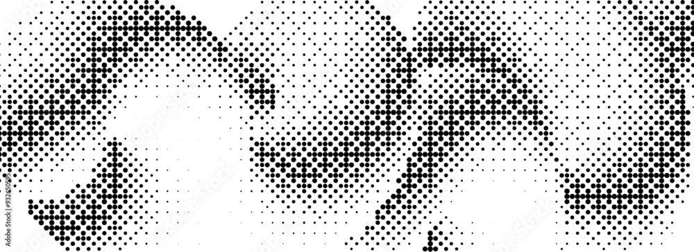 Aufkleber Pixelated curved gradient shape. Dotted dither undulate texture background. Liquid squiggling form for banner, poster, leaflet, brochure. Abstract rasterized overlay backdrop. Vector comic wallpaper