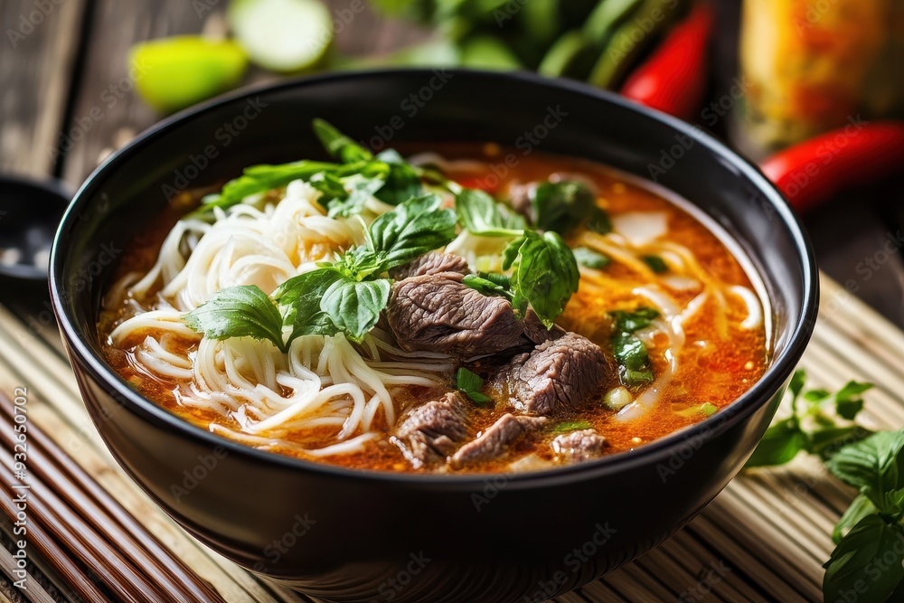 Sticker spicy beef noodle soup from vietnam bun bo hue soup