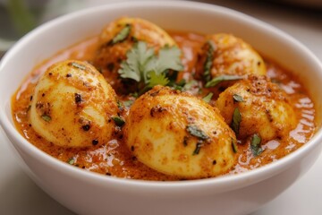 Spicy egg dish in white bowl Indian cuisine