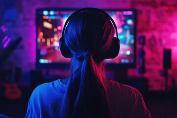 Teen girl with headphones playing video game on large TV with friends winning prize Neon lights in background