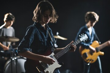 Teenage band performing in front of dark backdrop