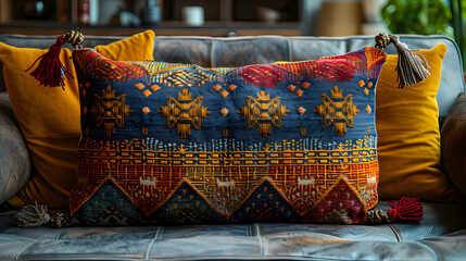 Colorful Pillow with Tassels on Gray Couch Illustration