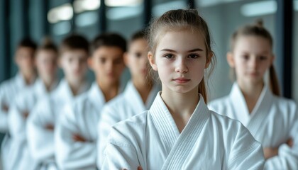 Fototapeta premium Teenage children in karate uniforms training in a gym