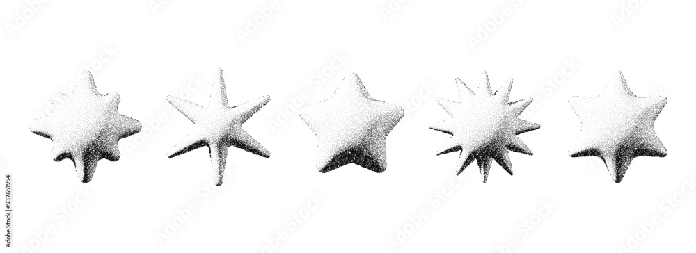 Poster black stippled stars collection. 3d dotted textured sparkles and flares set. halftone grain noise st
