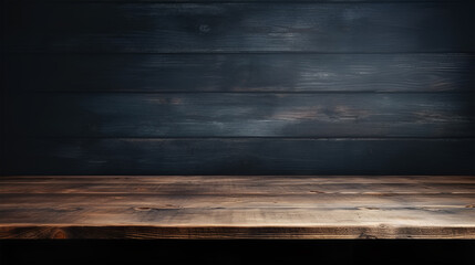Dark background wall with empty wooden table, for for product display
