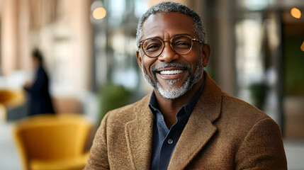 Fototapeta premium A smiling man in a brown coat, showcasing a warm and inviting demeanor.
