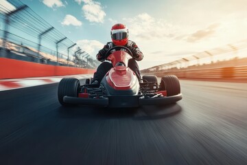 Teenage professional racer drives go kart on race track with 2x anamorphic lens