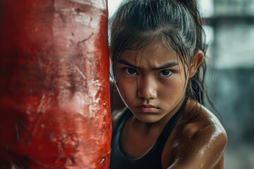 Fototapeta premium Teenage Muay Thai fighter training with heavy bag