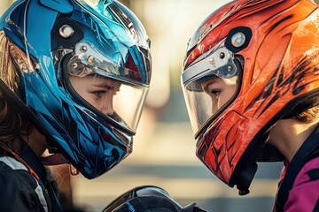 Teenage rivals with helmets gaze at each other before kart race