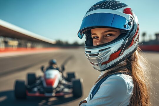 Teenage racer in helmet next to go kart on sunny track