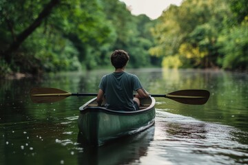 Teenager canoeing on river