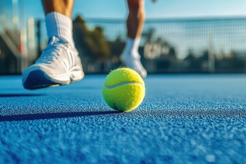 Tennis player prepares to serve on blue hard court at baseline starting match Tennis tournament background with space for text