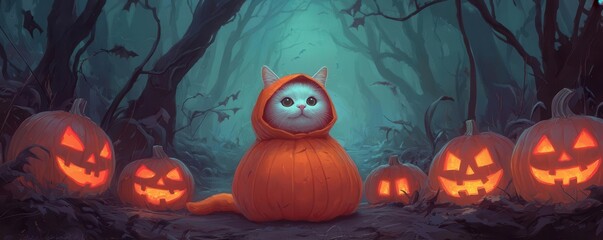 Cat in a pumpkin costume, sitting in a haunted forest with glowing jack-o'-lanterns, dark fantasy style, vibrant colors, eerie atmosphere