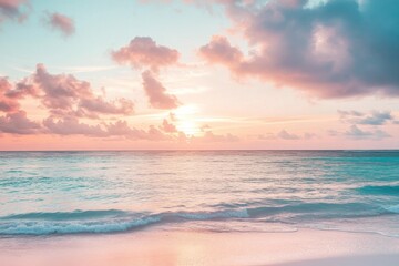 Obraz premium Serene Sunset on an Exotic Island Beach with Calm Sea and Soft Pastel Colors Reflecting on the Water’s Surface, Beautiful Clouds in the Sky