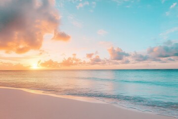 Obraz premium Serene Sunset on an Exotic Island Beach with Calm Sea and Soft Pastel Colors Reflecting on the Water’s Surface, Beautiful Clouds in the Sky