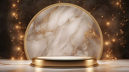 Glamorous gold-themed background wall with an elegant empty marble table for luxury product displays