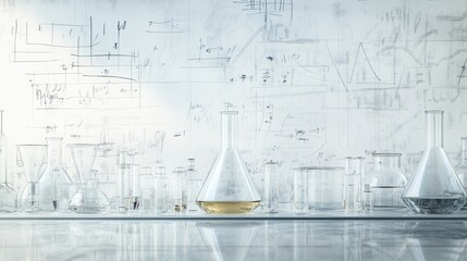 A clean and organized lab table featuring glass flasks, petri dishes, and pipettes set against a...