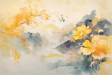 watercolor painting of landscape in late summer or autumn	