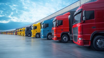 A fleet of trucks lined up in a distribution center yard, ready for dispatch, symbolizing the transportation aspect of logistics.