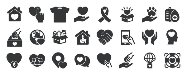 Charity glyph solid icons collection. Containing content donation, volunteer, foundation, help. Minimal icon and symbol series vector illustration