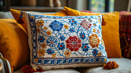 Fototapeta premium Embroidered Floral Pillow - Decorative Home Decor