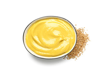 Bowl with creamy mustard and seeds isolated on white background