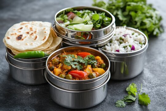 Vegetarian Indian steel lunch box with Dal Fry Bhindi Masala rice chapati and salad for office or workplace